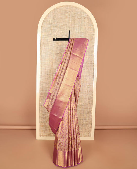 Sandal leaf design kancheepuram silk saree with contrast border of intricate zari design & floral design pallu
