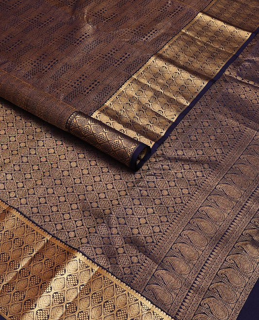 Blue jacquard kanchipuram wedding silk saree, zari border of ogee pattern & pallu of thilakam mokku,rettai neli,arumbu manga & jaal designs