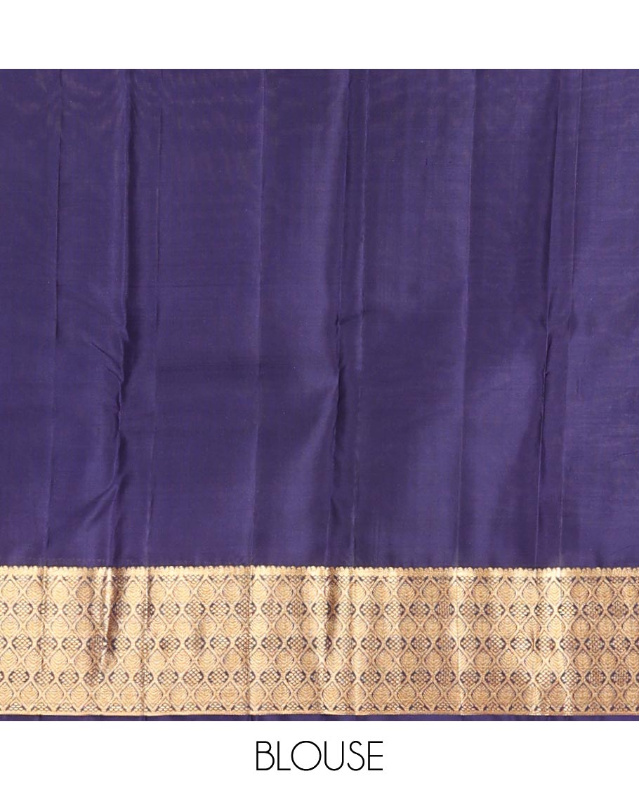 Blue jacquard kanchipuram wedding silk saree, zari border of ogee pattern & pallu of thilakam mokku,rettai neli,arumbu manga & jaal designs
