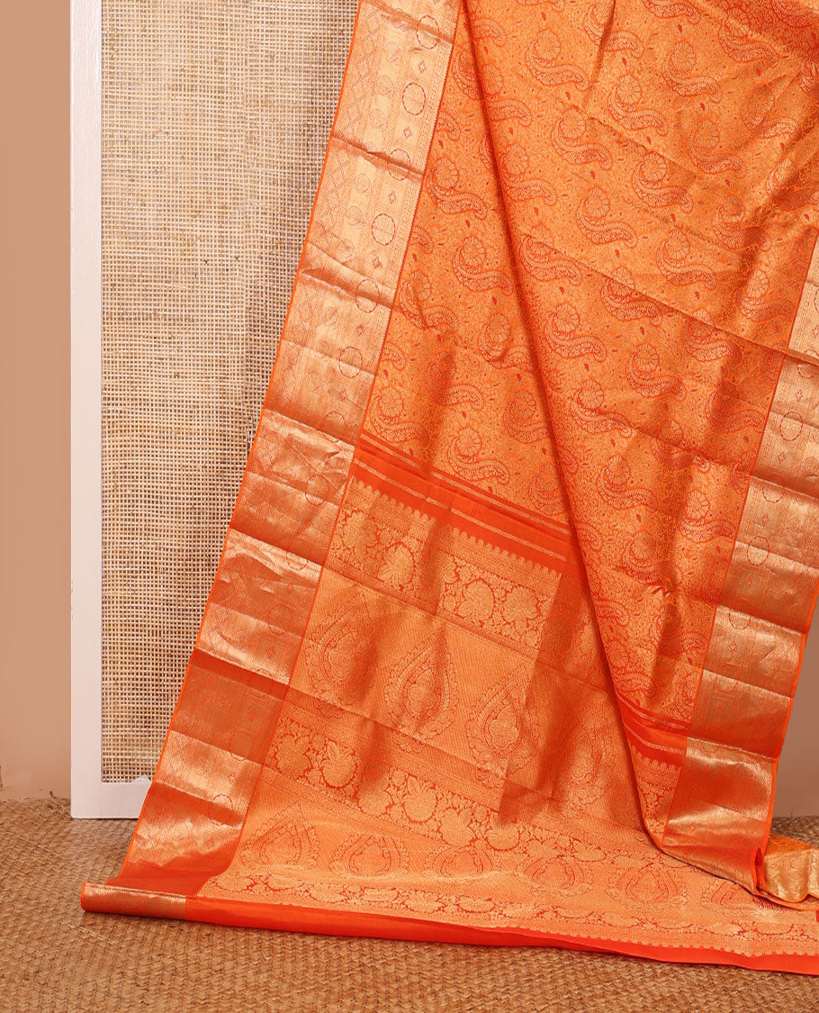 Orange jacquard wedding silk saree, zari border of rekku,kathir, chakram & manga designs & intricate pallu