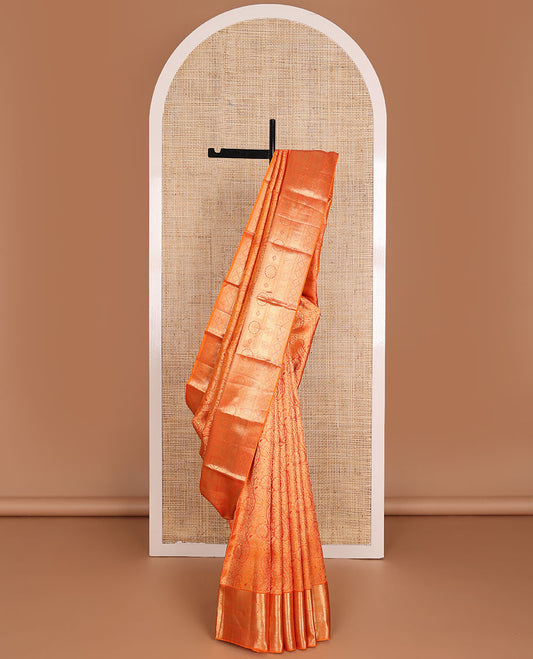 Orange jacquard wedding silk saree, zari border of rekku,kathir, chakram & manga designs & intricate pallu