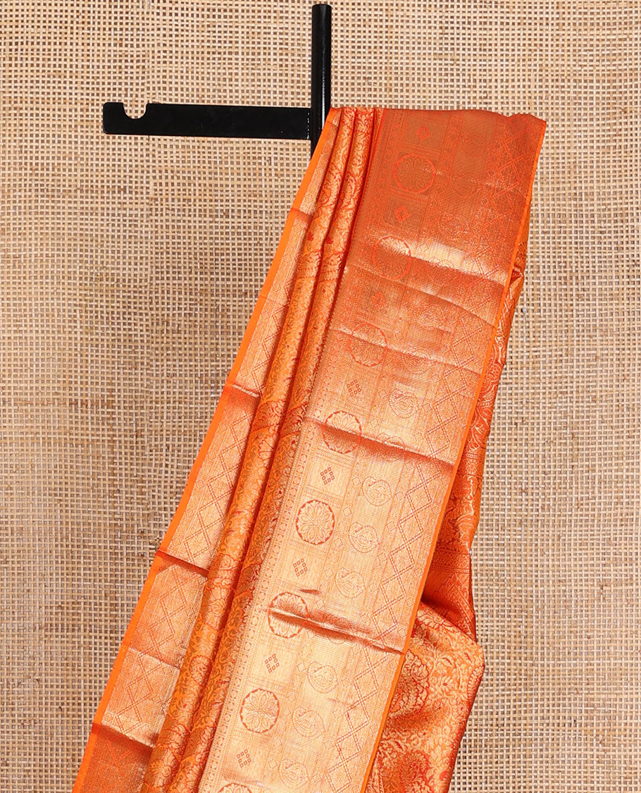 Orange jacquard wedding silk saree, zari border of rekku,kathir, chakram & manga designs & intricate pallu