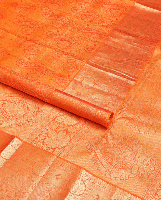 Orange jacquard wedding silk saree, zari border of rekku,kathir, chakram & manga designs & intricate pallu