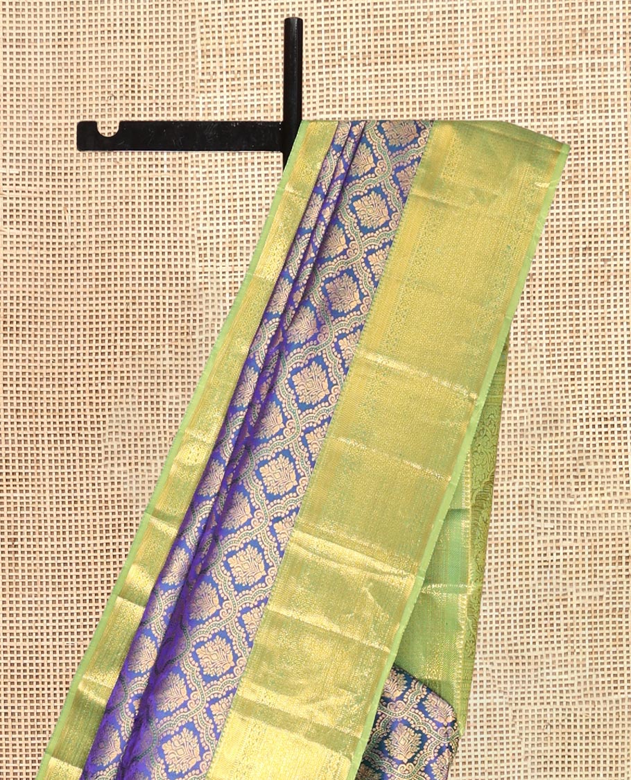 Blue Kanchipuram Wedding Silk Saree, Opulently Embellished with Jacquard Design, a Contrast Border of Traditional Designs, Grand Pallu, and a Contrast Blouse
