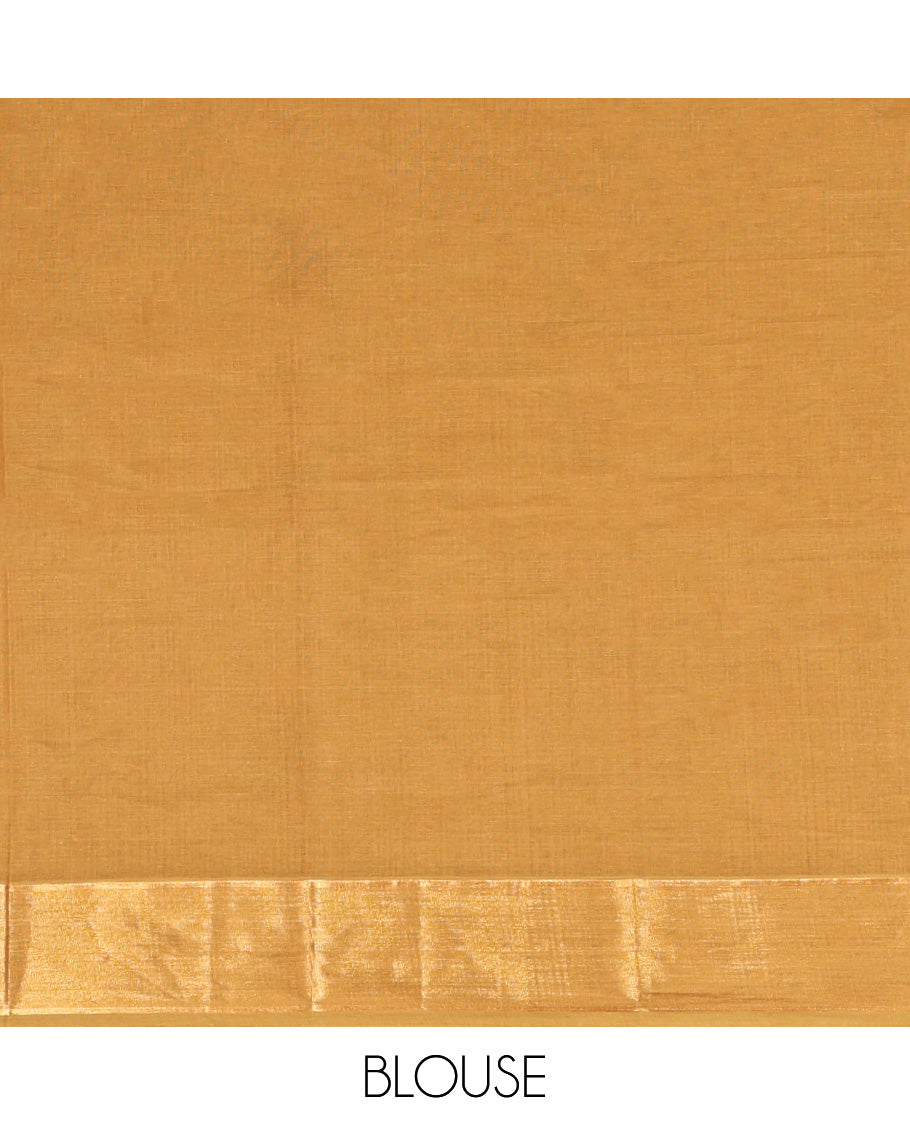 Mustard Kanchi Cotton Saree, Delicately Woven with Buttas on Its Body, a Subtle Self-Border, Pallu of Geometric Designs, and Paired with a Matching Blouse