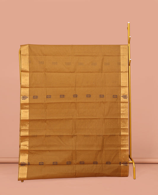 Mustard Kanchi Cotton Saree, Delicately Woven with Buttas on Its Body, a Subtle Self-Border, Pallu of Geometric Designs, and Paired with a Matching Blouse