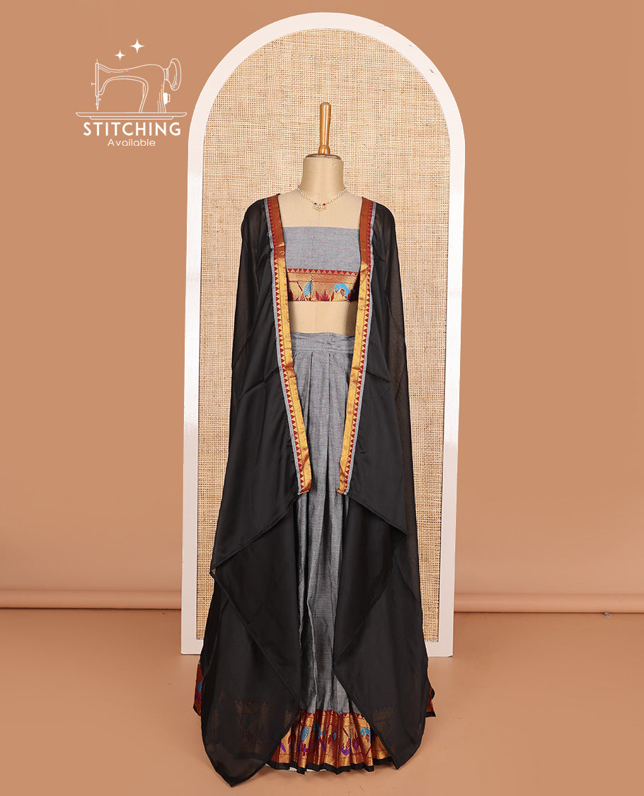 Grey cotton half-saree, plain with contrast paithani style bordered skirt, matching blouse, and contrast temple border dhavani