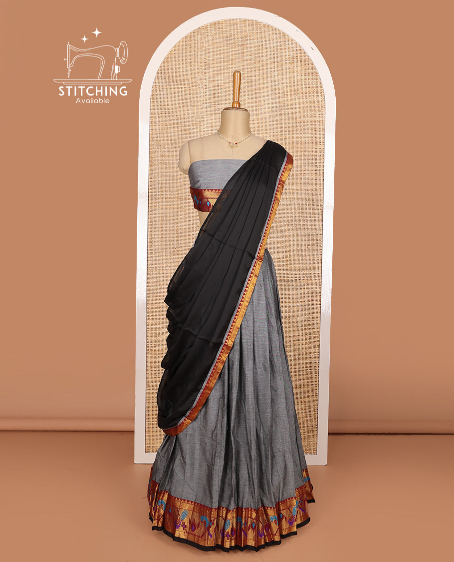 Grey cotton half-saree, plain with contrast paithani style bordered skirt, matching blouse, and contrast temple border dhavani