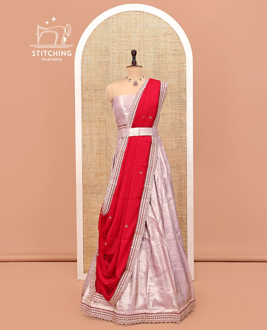 Grey Art Silk Half Saree, Gleamed Up with Jacquard Design Skirt, Contrast Embroidered Border, Jacquard Blouse, and a Contrast Embroidered Dhavani