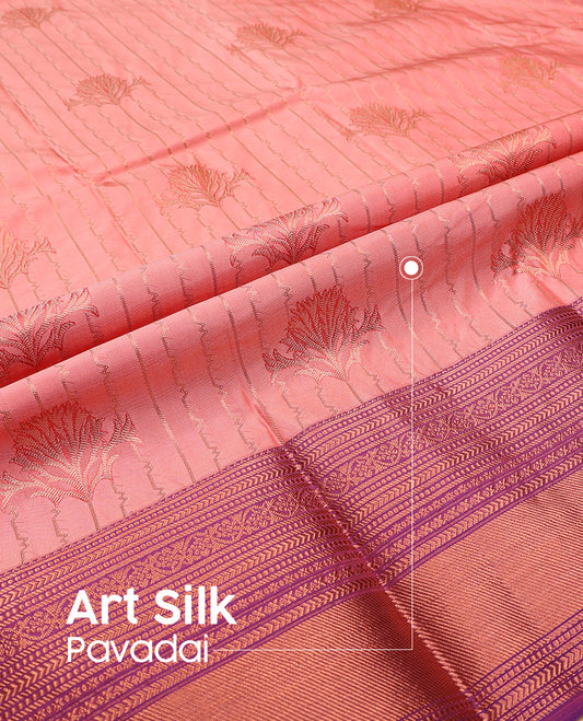 Peach art silk pavadai set, zari design with contrast traditional zari bordered skirt and a contrast zari design blouse