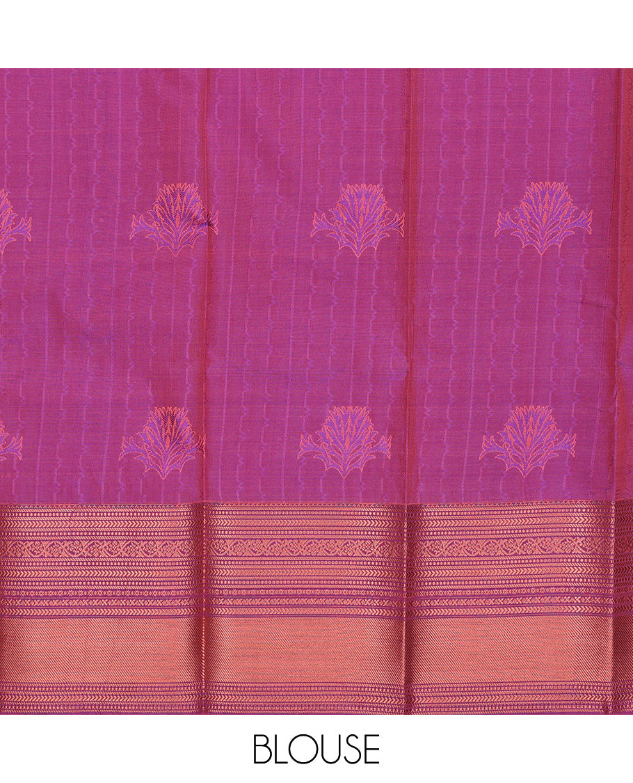 Peach art silk pavadai set, zari design with contrast traditional zari bordered skirt and a contrast zari design blouse