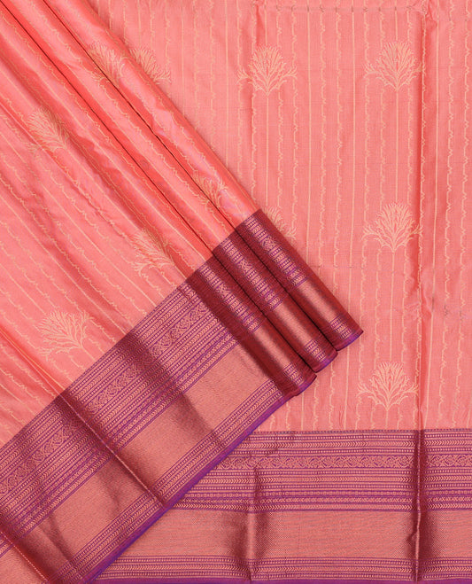 Peach art silk pavadai set, zari design with contrast traditional zari bordered skirt and a contrast zari design blouse