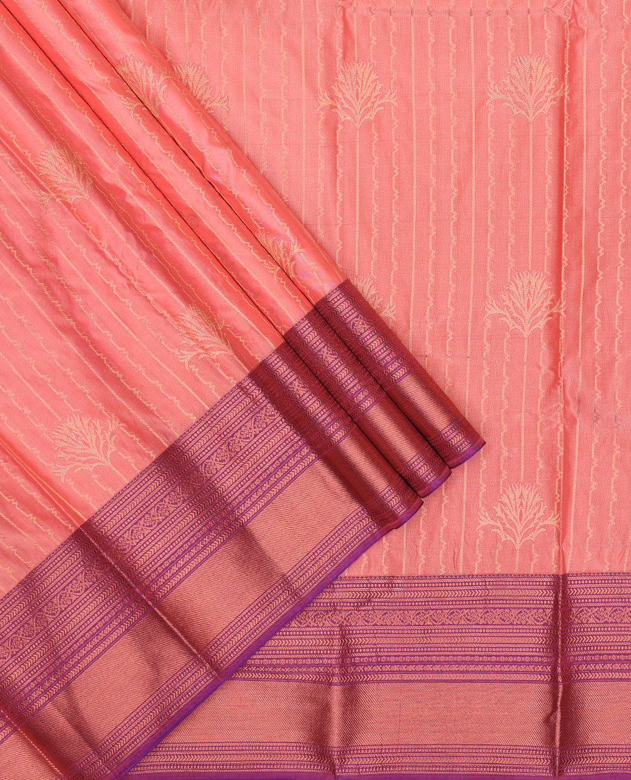 Peach art silk pavadai set, zari design with contrast traditional zari bordered skirt and a contrast zari design blouse