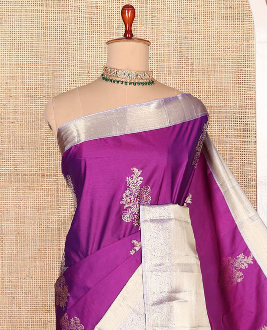 Purple zari buttas budget silk saree, contrast traditional zari border, and intricate pallu