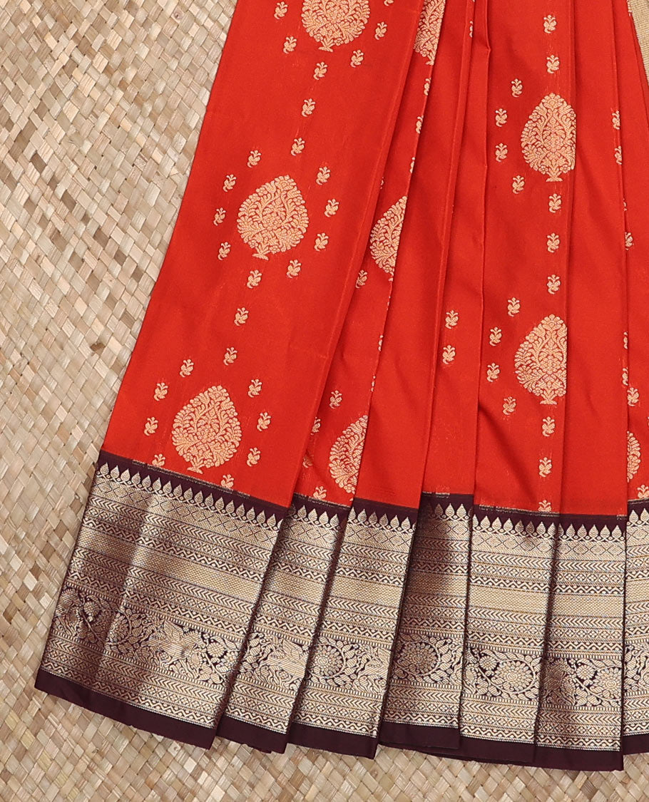 Dark orange zari buttas budget silk saree, contrast traditional zari design border, and intricate pallu
