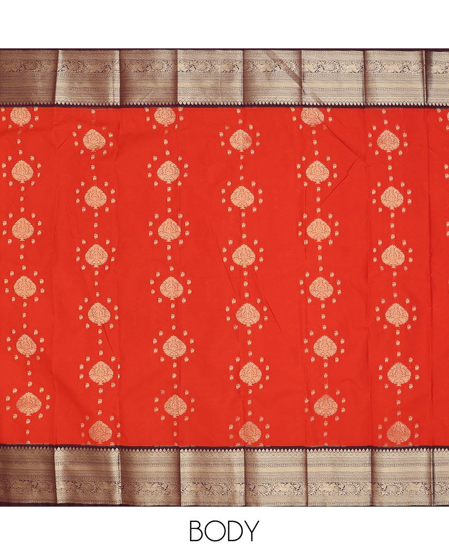 Dark orange zari buttas budget silk saree, contrast traditional zari design border, and intricate pallu