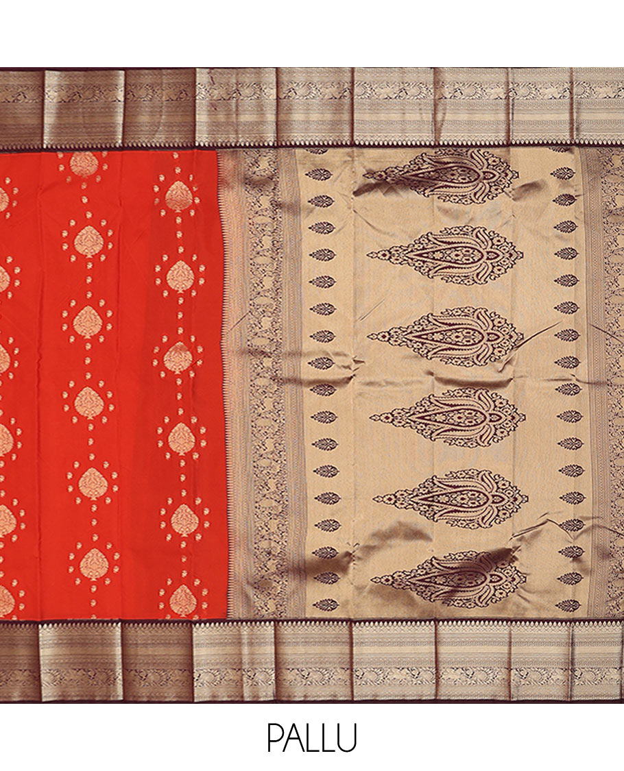 Dark orange zari buttas budget silk saree, contrast traditional zari design border, and intricate pallu