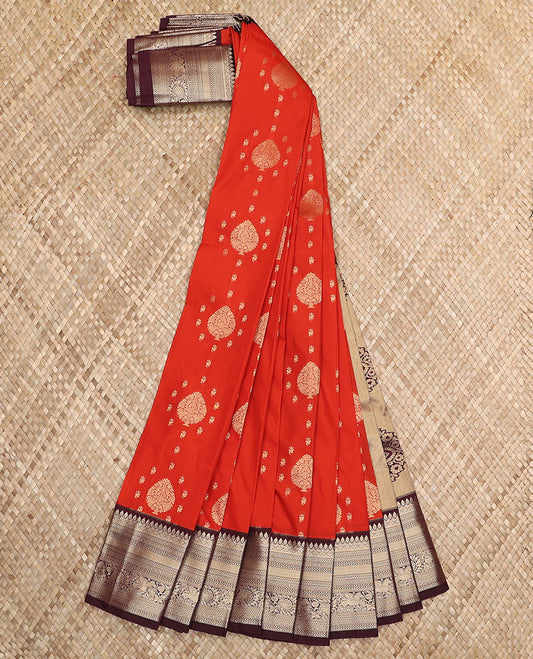Dark orange zari buttas budget silk saree, contrast traditional zari design border, and intricate pallu