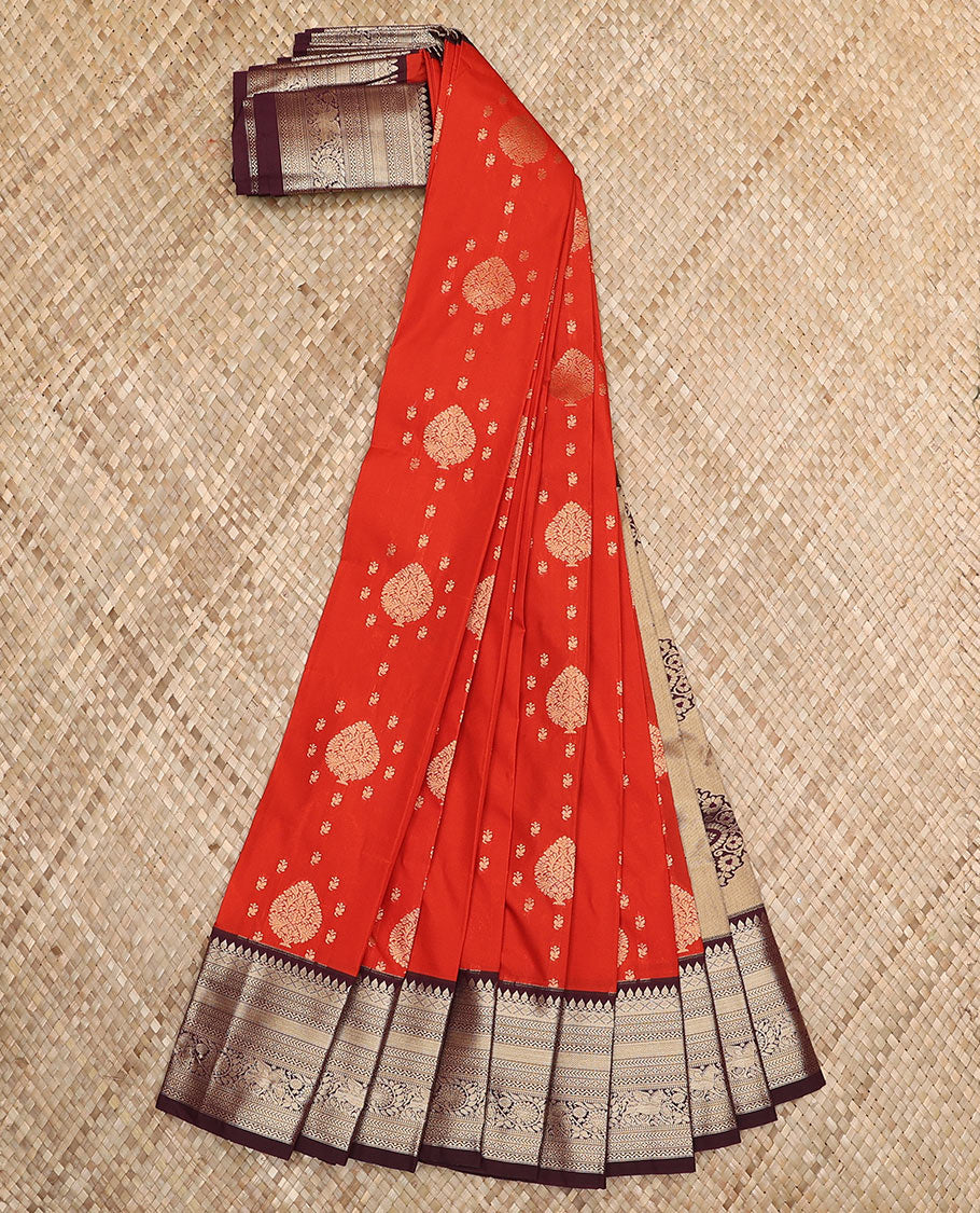 Dark orange zari buttas budget silk saree, contrast traditional zari design border, and intricate pallu
