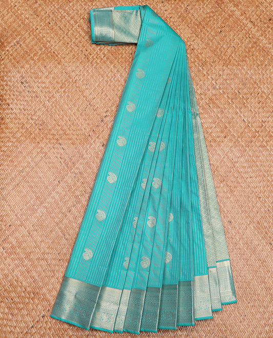 Blue Budget Silk Saree Decorated with Zari Stripes and Paisley Buttas, Highlighted with a Traditional Zari Border, Zari Elevated Jaal Pallu, and Paired with a Matching Blouse