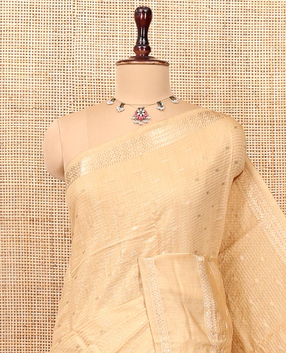 Sandal Assam Silk Saree, Sparsely Woven with Buttas and Stripes, Highlighted by Traditional Zari Border, Zari-Striped Pallu, and a Contrast Blouse