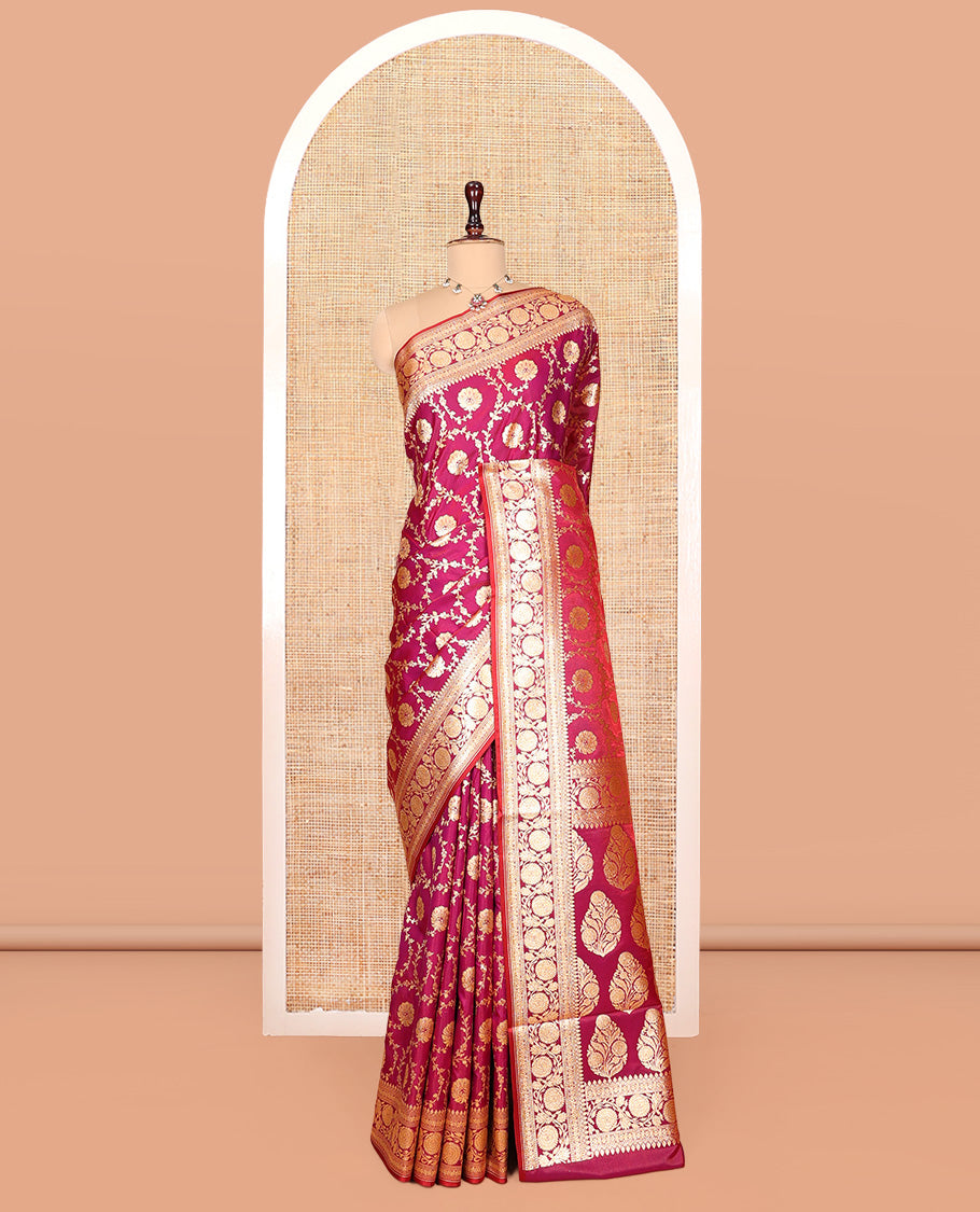 Magenta Banarasi Nylon Saree, Dazzled with Jacquard, a Floral Creeper Zari Border, Intricate Pallu, and a Matching Blouse