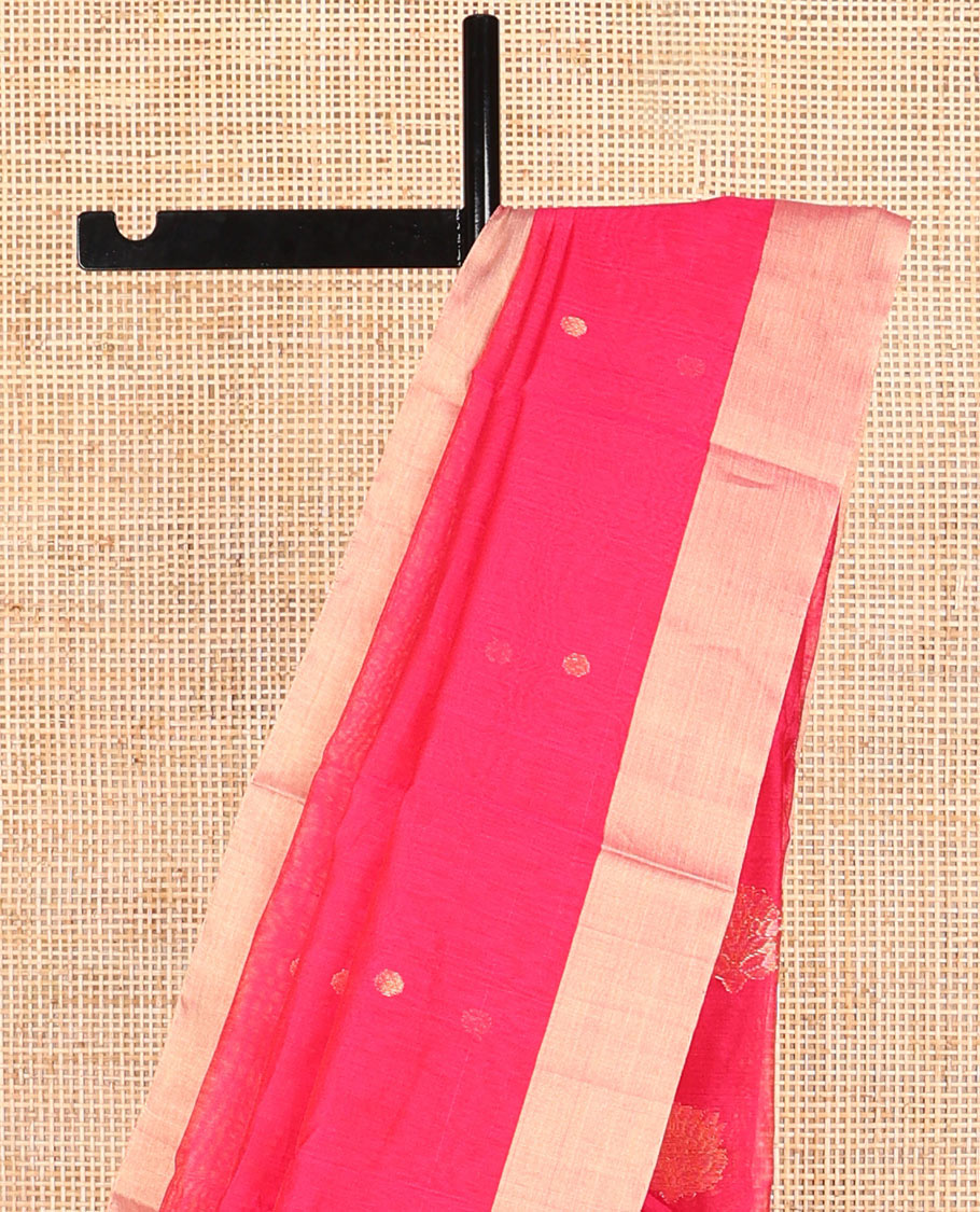 Pink motifs chanderi cotton saree with contrast zari border & striped pallu