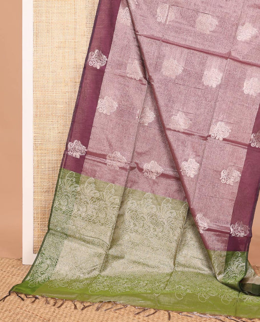 Gleaming rosewood color zari buttas semi-silk cotton saree, contrast zari woven border, and contrast intricate pallu