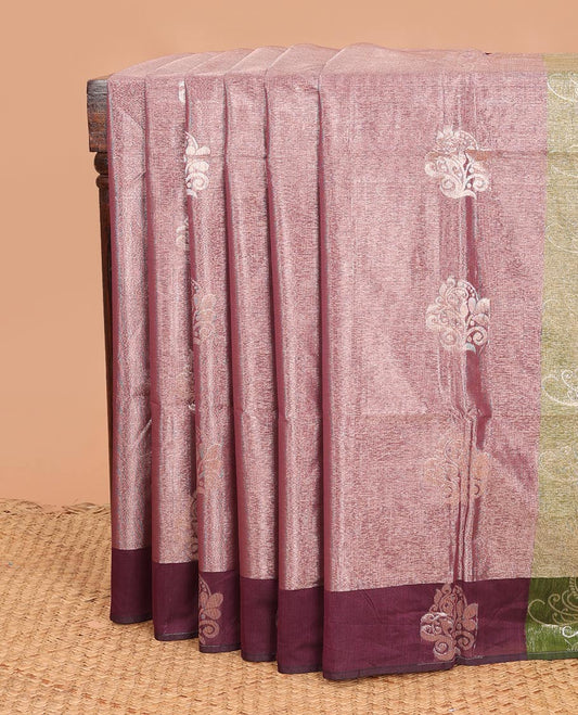 Gleaming rosewood color zari buttas semi-silk cotton saree, contrast zari woven border, and contrast intricate pallu