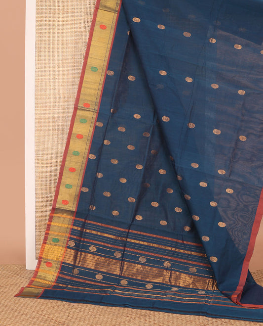 Blue chakram buttas Venkatagiri cotton saree, contrast traditional zari border, and zari striped pallu