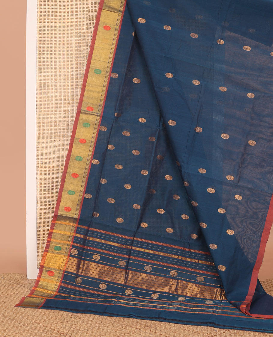Blue chakram buttas Venkatagiri cotton saree, contrast traditional zari border, and zari striped pallu