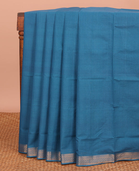 Blue Plain Mangalagiri Cotton Saree, Highlighted by Traditional Zari Design Border, Gleaming Zari Pallu, and Paired with a Matching Blouse