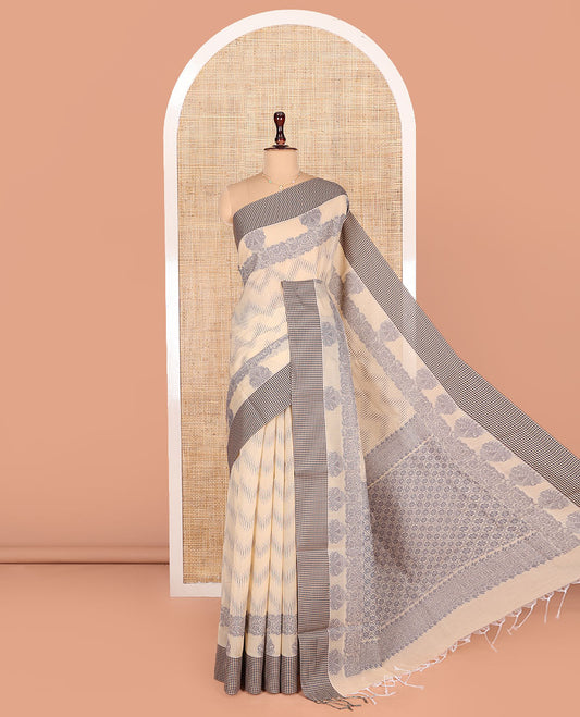 Sandal Semi-Silk Cotton Saree, Gleamed Up with Chevron Stripes All Over Its Body, Complemented by Contrast Micro-Checked Border, Pallu of Jaal Designs, and Paired with a Matching Blouse