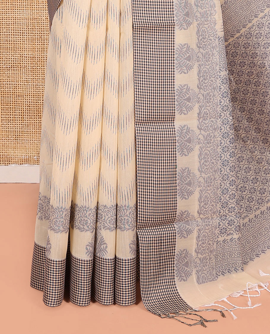Sandal Semi-Silk Cotton Saree, Gleamed Up with Chevron Stripes All Over Its Body, Complemented by Contrast Micro-Checked Border, Pallu of Jaal Designs, and Paired with a Matching Blouse