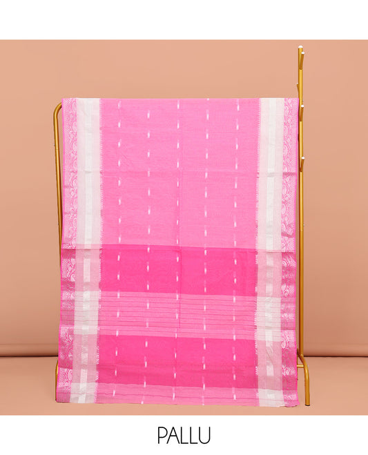 Rose Milk Pink Bengal Cotton Saree, Spotlighted with Buttas All Over Its Body, Complemented by a Traditional Zari Design Border, Pallu of Stripes, and Paired with a Matching Blouse