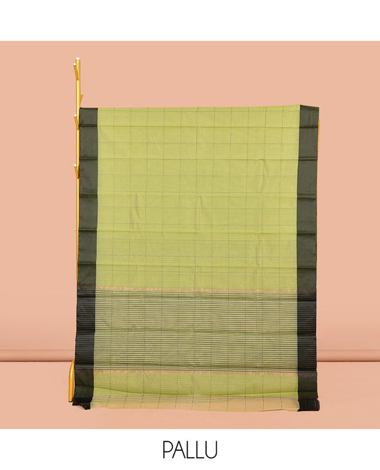 Dark Green Plain Semi-Silk Cotton Saree, Complemented by a Contrast Temple Border, Pallu of Stripes, and Paired with a Matching Blouse