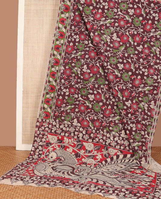 Brown floral vine & bird machine-printed kalamkari cotton saree, contrast floral creeper printed border & pallu of peacock print