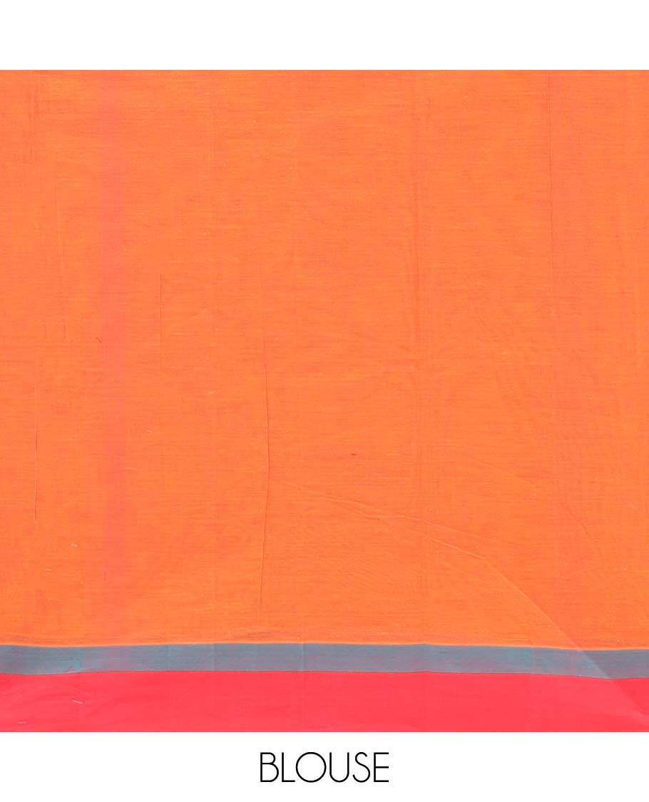 Orange geometric and animal motifs printed Coimbatore cotton saree, contrast border, and pallu of elephant, peacock and leaf motifs