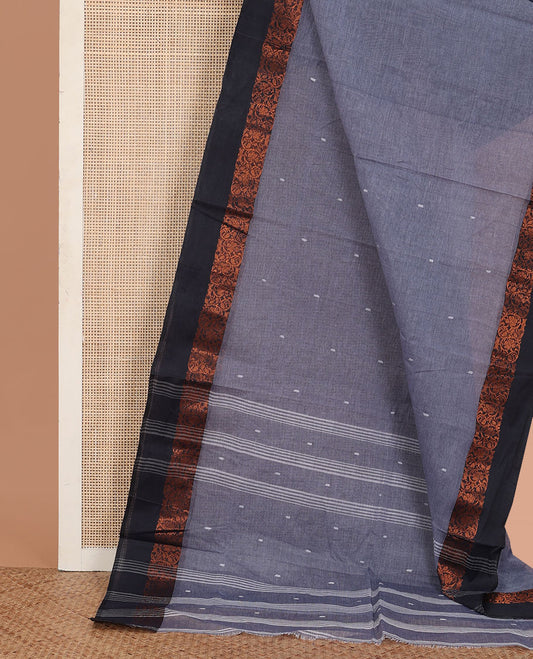 Grey Bengal Cotton Saree, Steeped with Finely Woven Thread Buttas All Over Its Body, Complemented by Contrast Floral Zari Design Border, and Pallu Steeped with Stripes