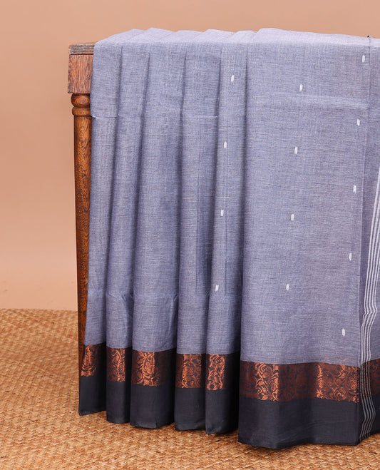 Grey Bengal Cotton Saree, Steeped with Finely Woven Thread Buttas All Over Its Body, Complemented by Contrast Floral Zari Design Border, and Pallu Steeped with Stripes