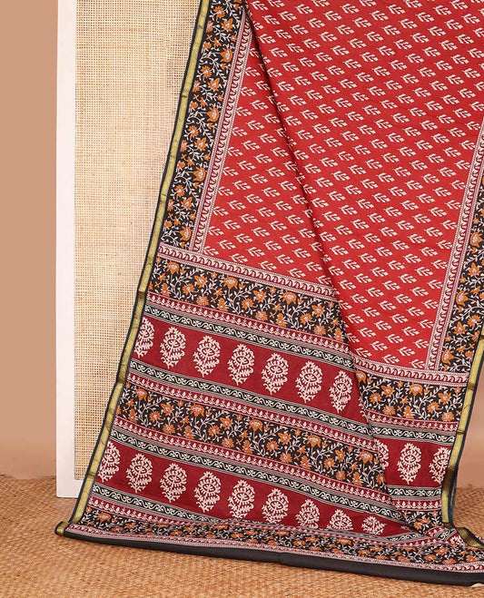 Red unique motifs printed mul mul cotton saree, contrast floral vine printed border, and pallu of floral print