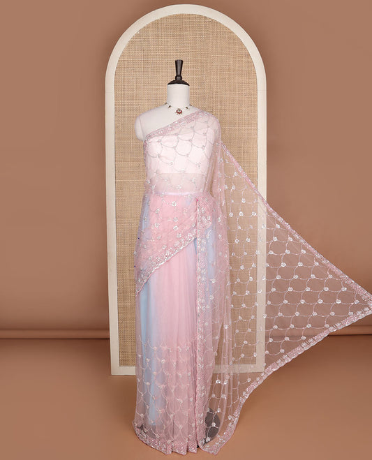 Baby pink scallop kardana & sequins embroidered designer saree, scallop kardana & sequins embroidered border