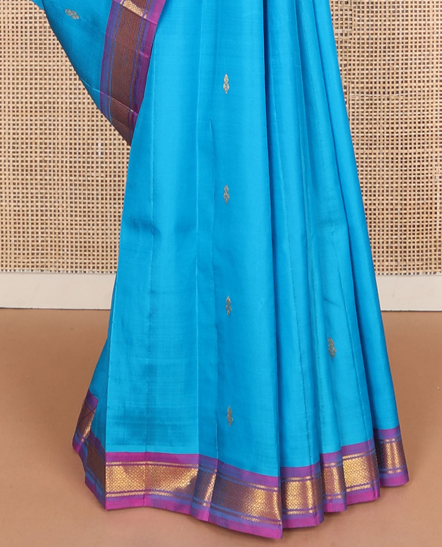 Blue zari buttas Kanchipuram silksaree, contrast one-sided border of banaras & jaal design & zari design pallu
