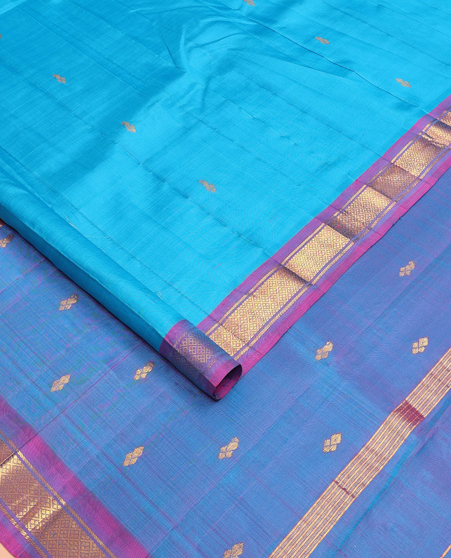 Blue zari buttas Kanchipuram silksaree, contrast one-sided border of banaras & jaal design & zari design pallu