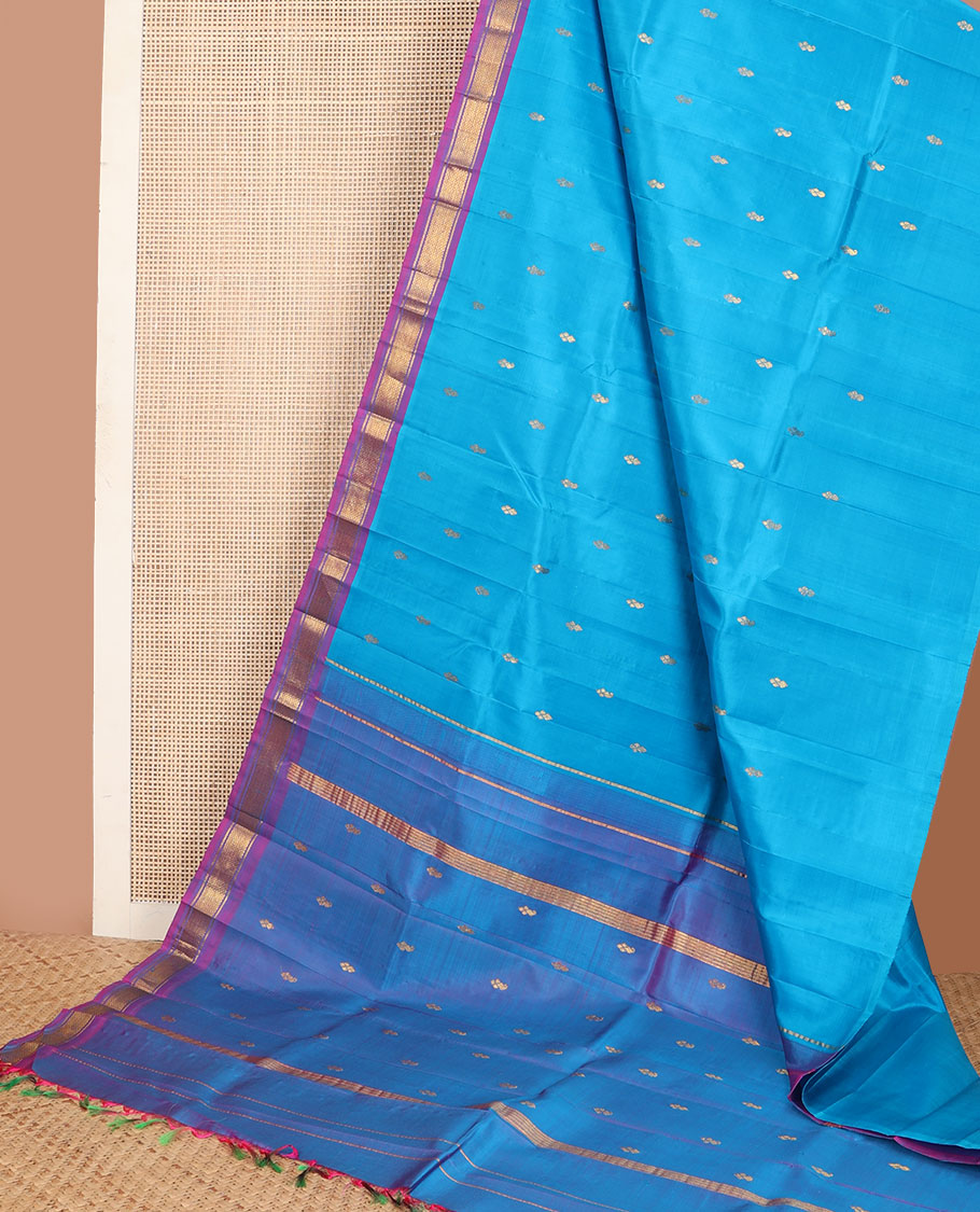 Blue zari buttas Kanchipuram silksaree, contrast one-sided border of banaras & jaal design & zari design pallu