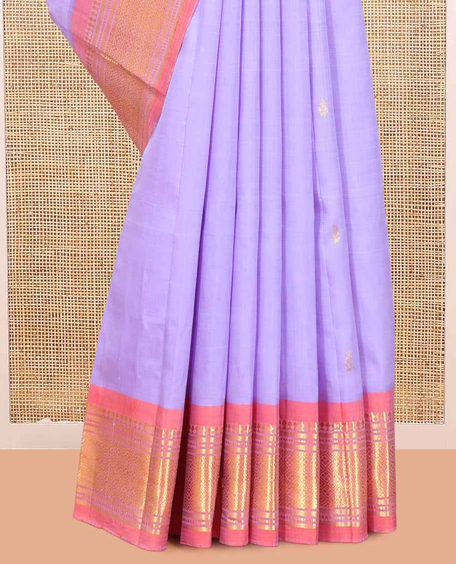 Lavender Kanchipuram Silk Saree, Embellished with Zari Buttas, Complemented by a Contrast Border of Panner Sombu, Banaras, Muthu, and Jaal Design, Zari Design Pallu, and No Blouse