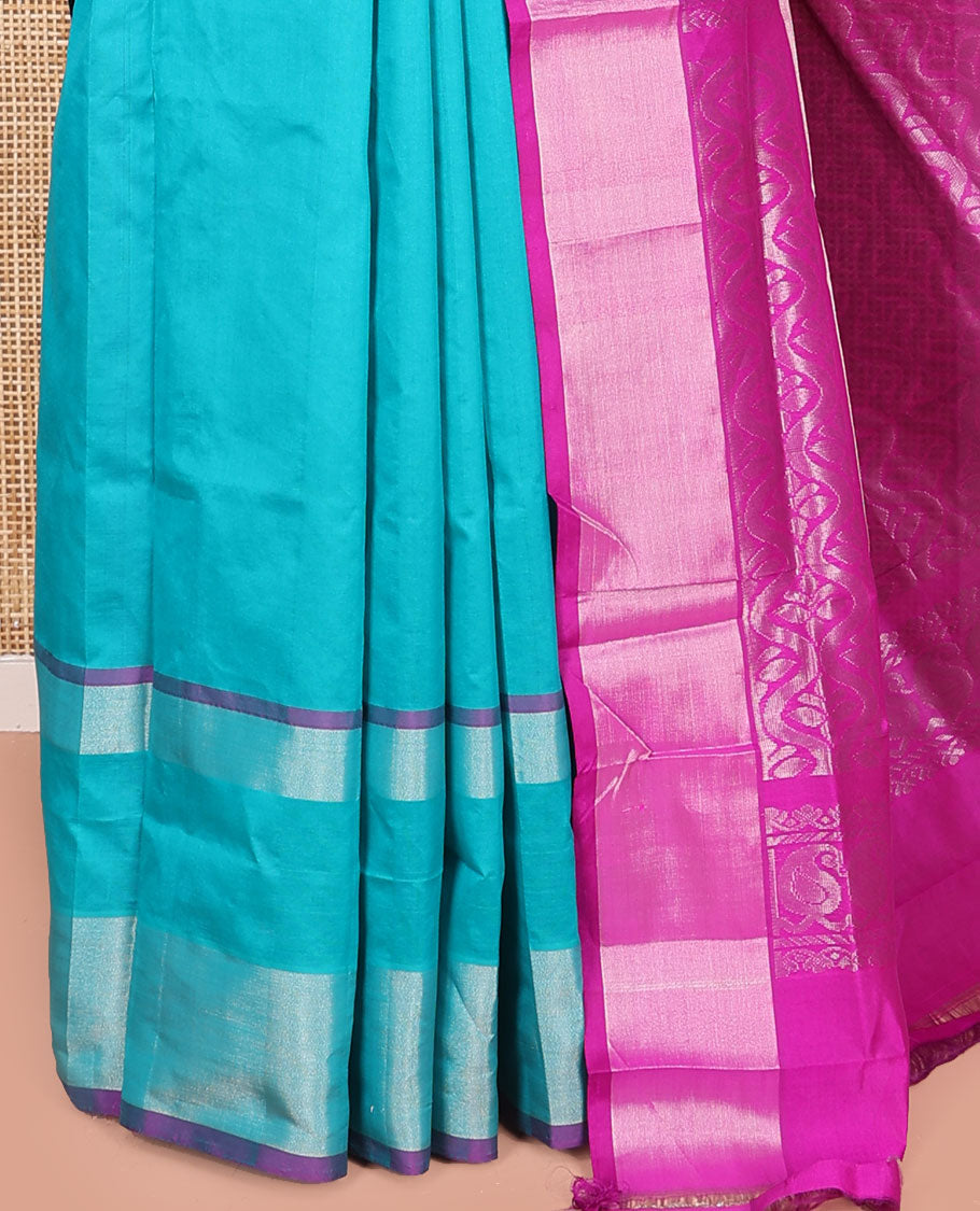 Blue Kuppadam Cotton Saree, Adorned with Meena Buttas All Over Its Body, Complemented by a Bavanji Border, Captivating Contrast Pallu of Ogee Patterns, and Paired with a Contrast Blouse