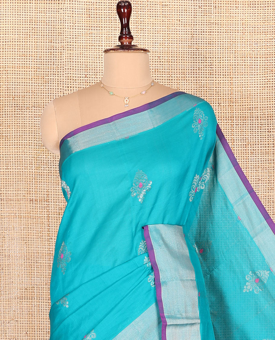 Blue Kuppadam Cotton Saree, Adorned with Meena Buttas All Over Its Body, Complemented by a Bavanji Border, Captivating Contrast Pallu of Ogee Patterns, and Paired with a Contrast Blouse