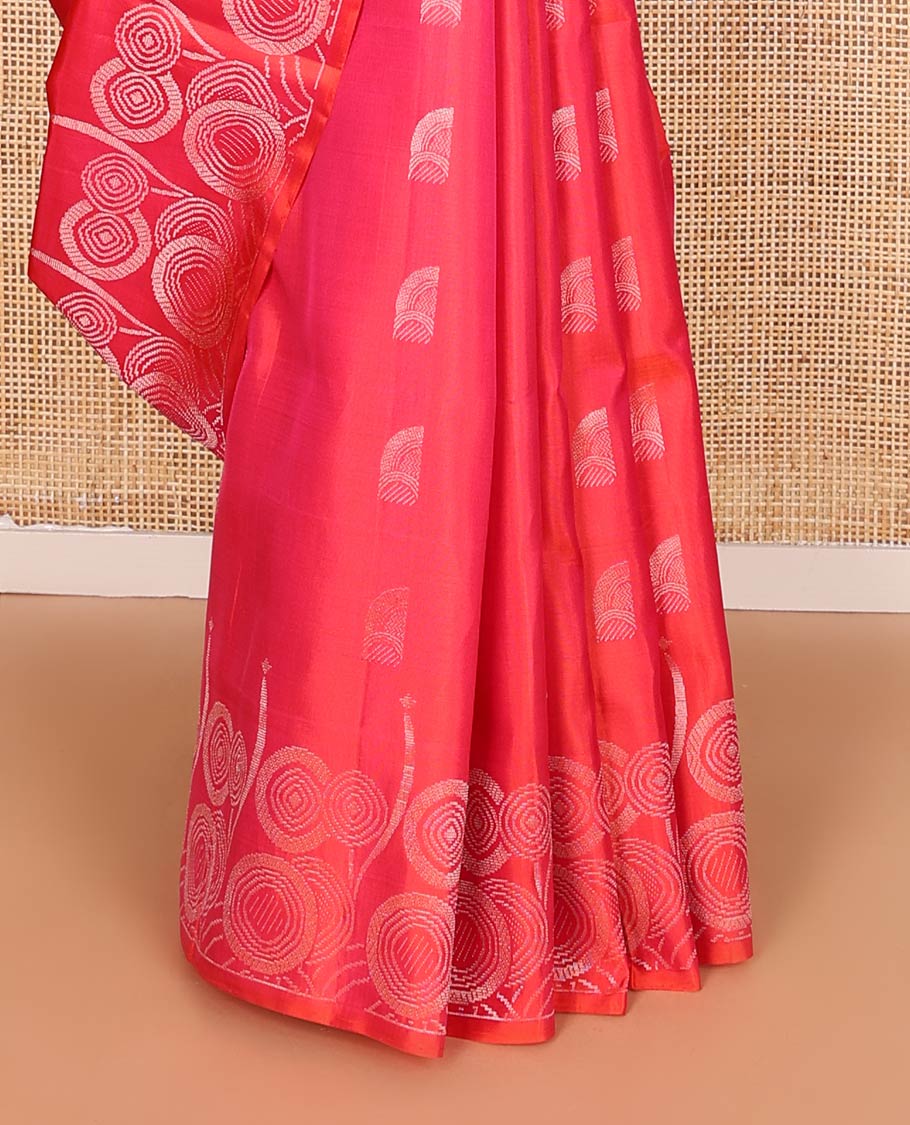 Red zari buttas soft silk saree, zari border, and pallu of intricate zari designs