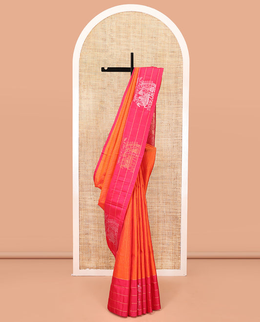 Orange Mayuri Lite Silk Mix Saree, Subtly Woven with Muthu Stripes on Its Body, Complemented by a Contrast Border of Human Figurines, Intricately Designed Pallu, and Paired with a Contrast Blouse
